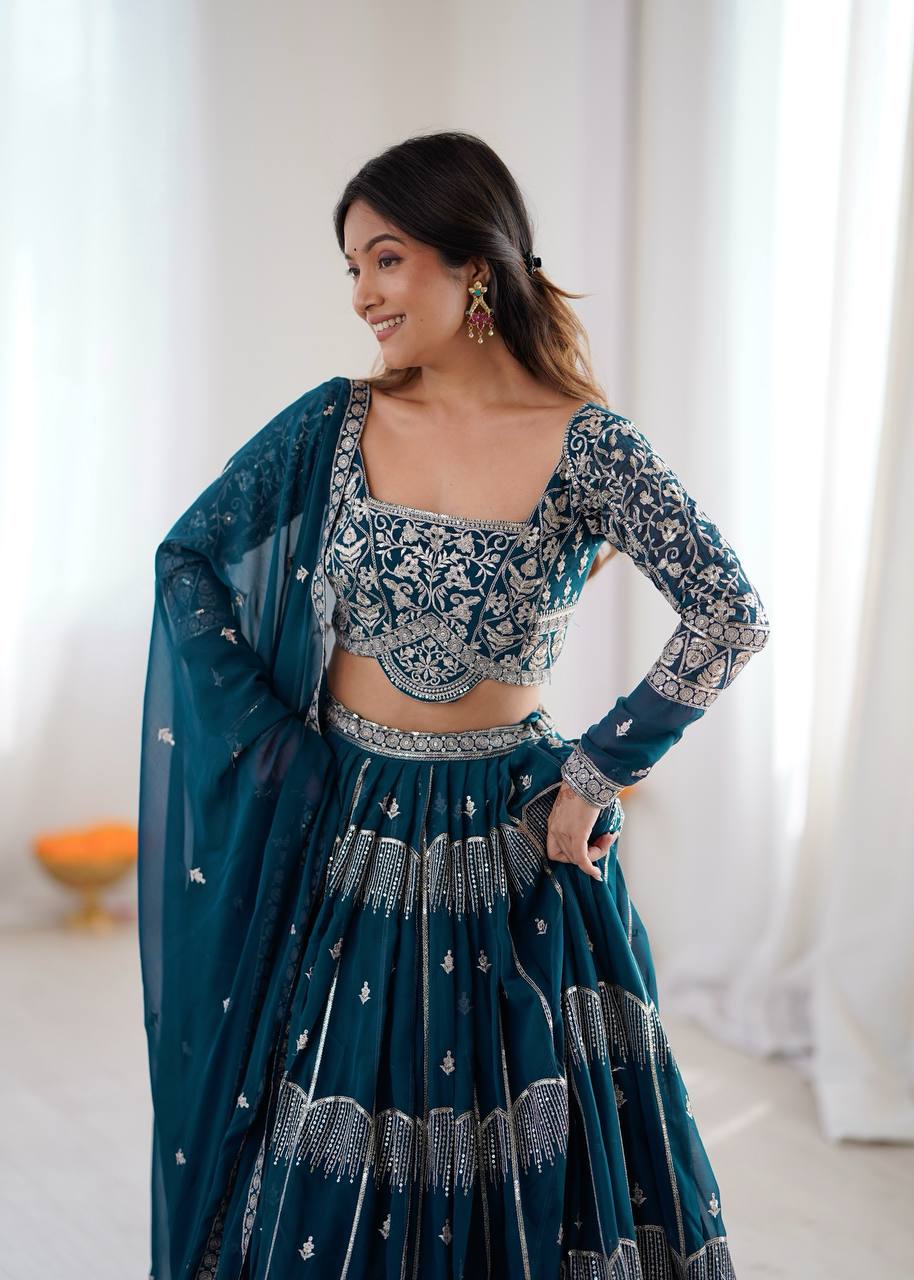 Blue Color Sequence Work Wedding Wear Georgette Lehenga Choli