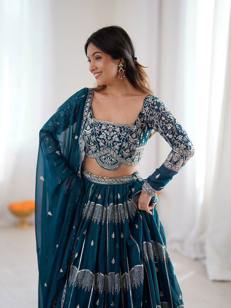 Blue Color Sequence Work Wedding Wear Georgette Lehenga Choli