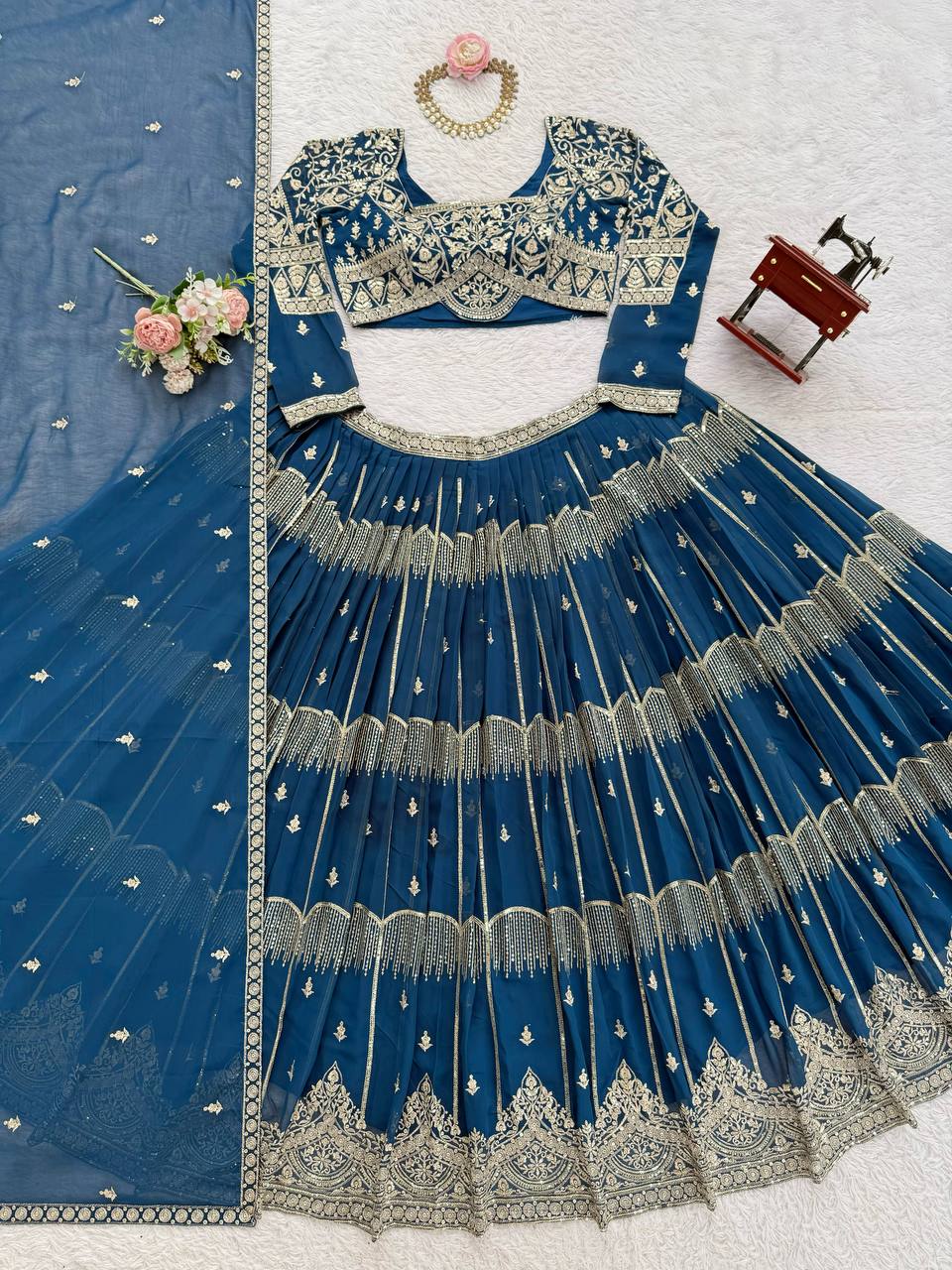 Blue Color Sequence Work Wedding Wear Georgette Lehenga Choli