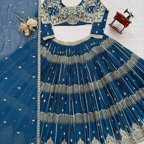 Blue Color Sequence Work Wedding Wear Georgette Lehenga Choli