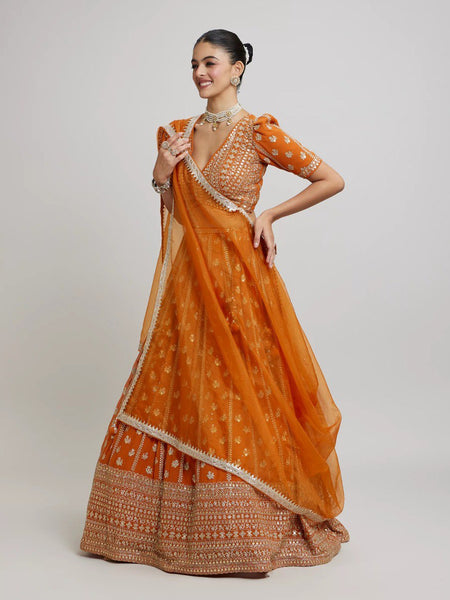 Orange Wedding & Party Wear Designer Sequence Embroidery Work Georgette Lehenga Choli