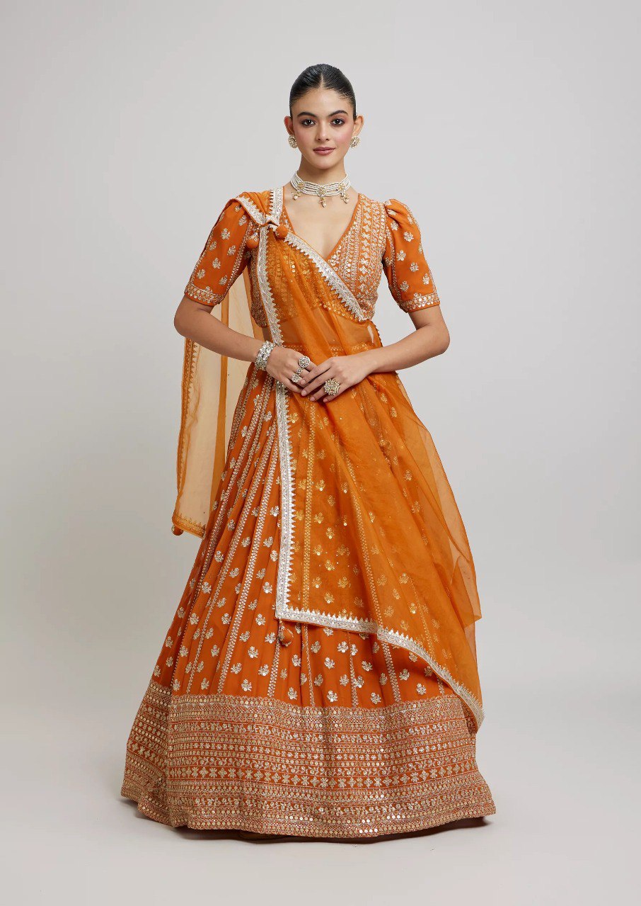 Orange Wedding & Party Wear Designer Sequence Embroidery Work Georgette Lehenga Choli