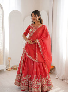 Red Color Thread Sequence Work Designer Lehenga Choli