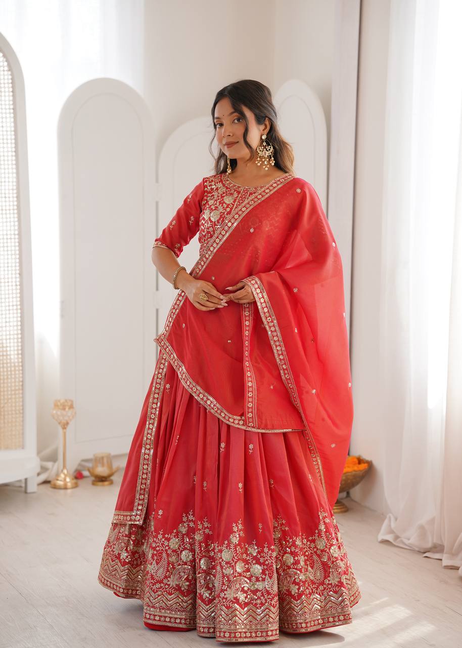 Red Color Thread Sequence Work Designer Lehenga Choli