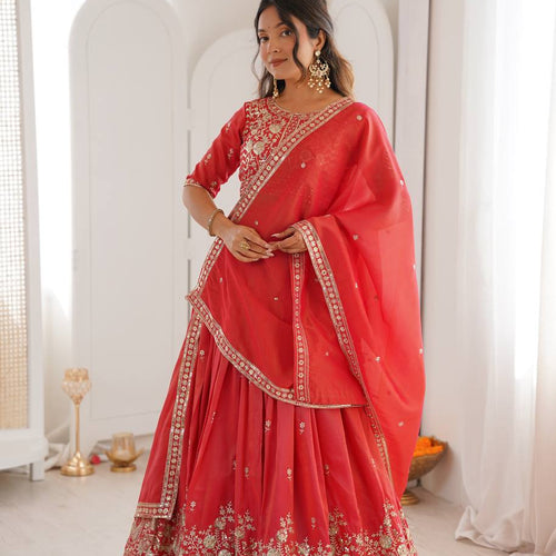 Red Color Thread Sequence Work Designer Lehenga Choli