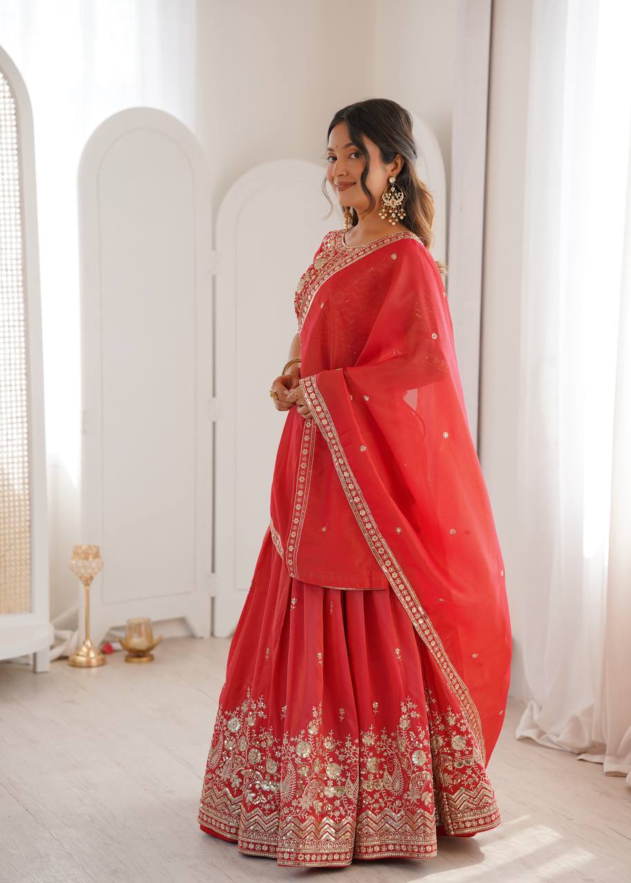 Red Color Thread Sequence Work Designer Lehenga Choli