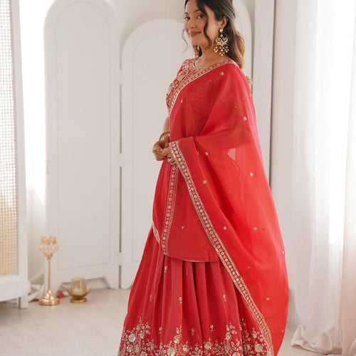 Red Color Thread Sequence Work Designer Lehenga Choli