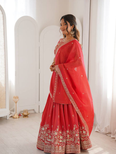 Red Color Thread Sequence Work Designer Lehenga Choli