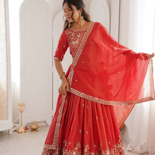 Red Color Thread Sequence Work Designer Lehenga Choli
