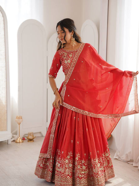 Red Color Thread Sequence Work Designer Lehenga Choli