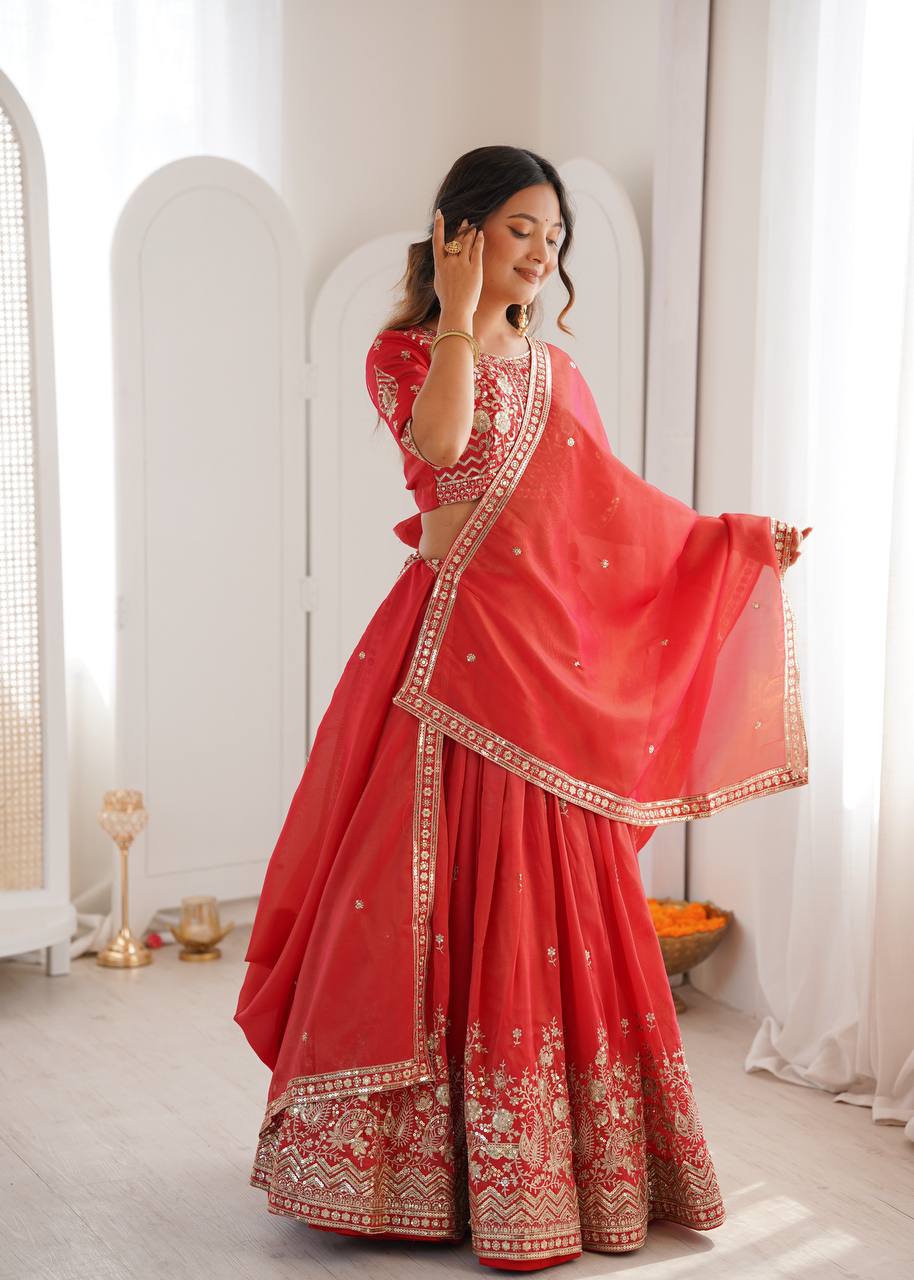 Red Color Thread Sequence Work Designer Lehenga Choli