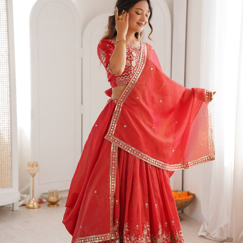 Red Color Thread Sequence Work Designer Lehenga Choli