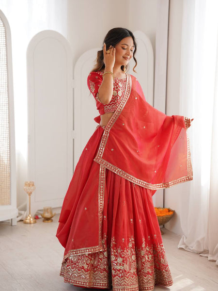 Red Color Thread Sequence Work Designer Lehenga Choli
