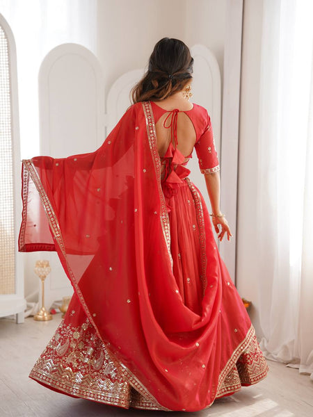 Red Color Thread Sequence Work Designer Lehenga Choli