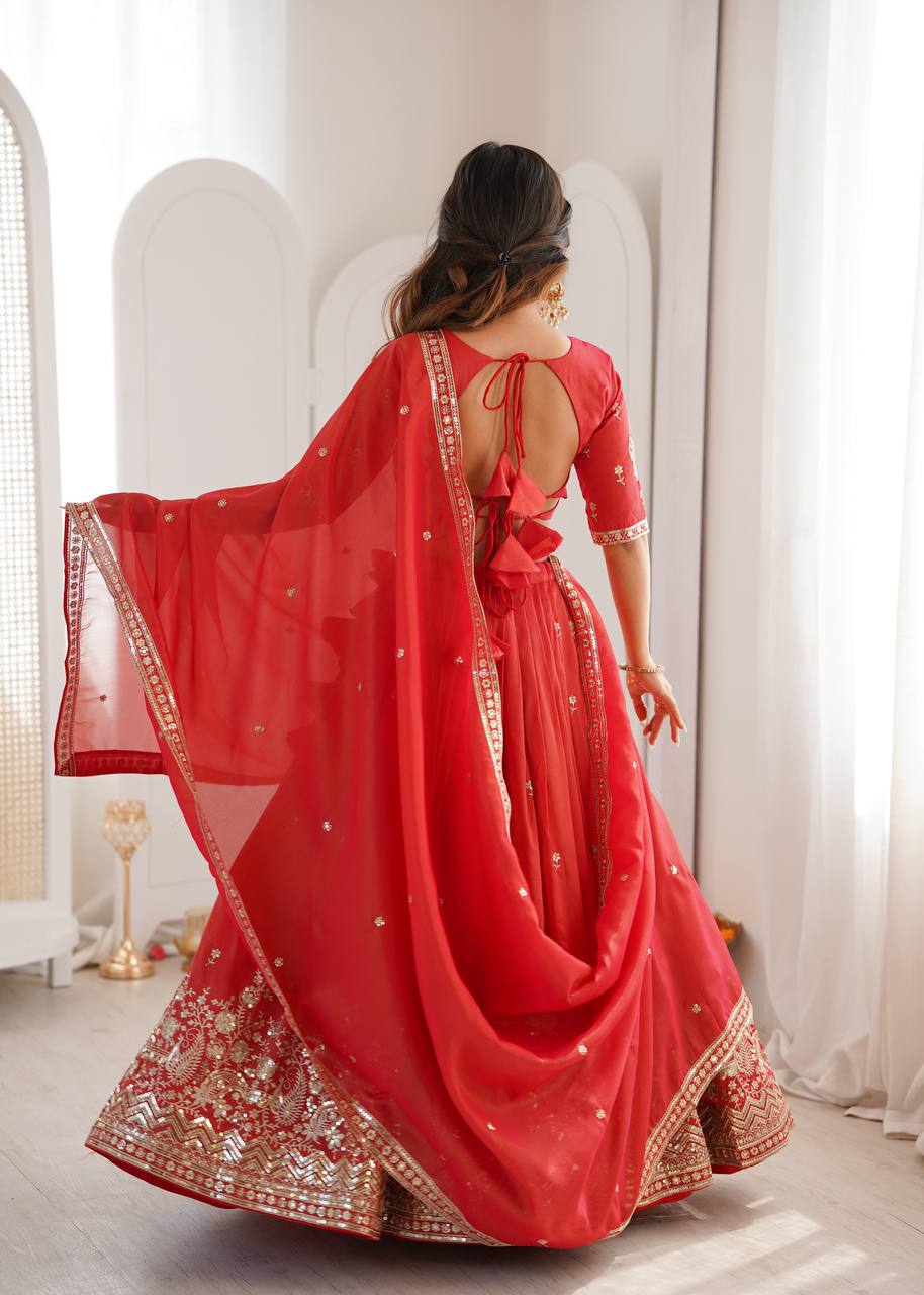 Designer Red Thread & Sequence Work Wedding Lehenga Choli
