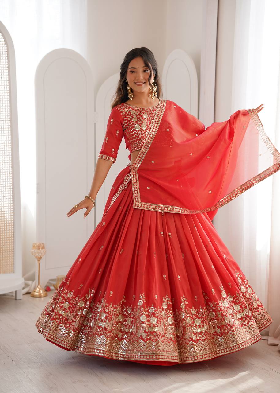 Red Color Thread Sequence Work Designer Lehenga Choli