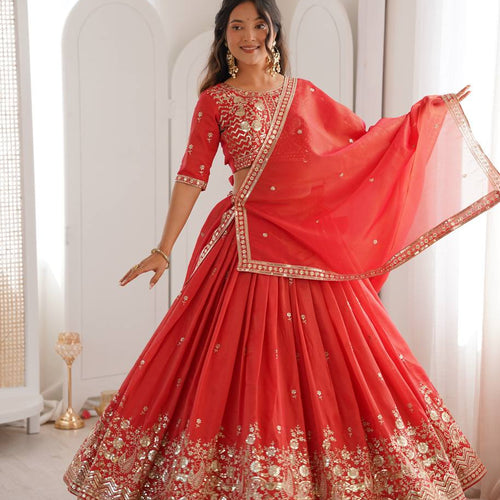 Red Color Thread Sequence Work Designer Lehenga Choli