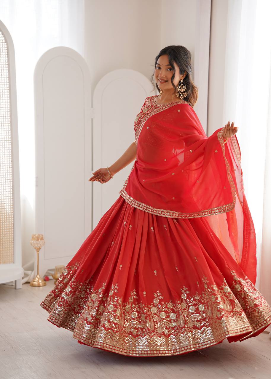 Red Color Thread Sequence Work Designer Lehenga Choli