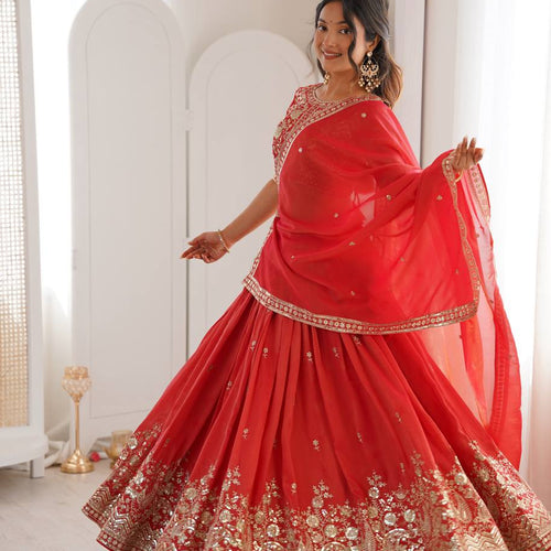 Red Color Thread Sequence Work Designer Lehenga Choli