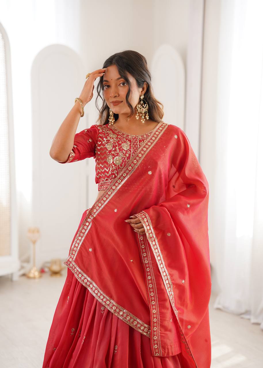 Red Color Thread Sequence Work Designer Lehenga Choli