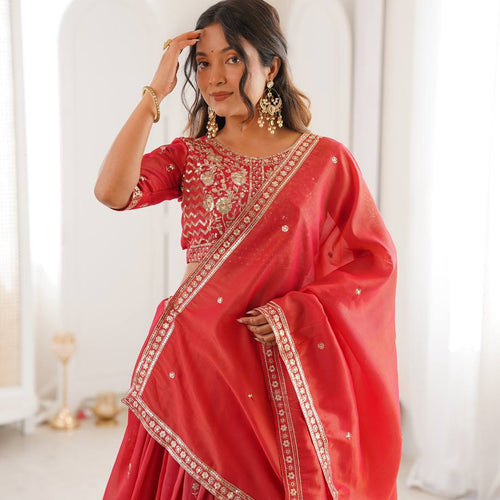 Red Color Thread Sequence Work Designer Lehenga Choli