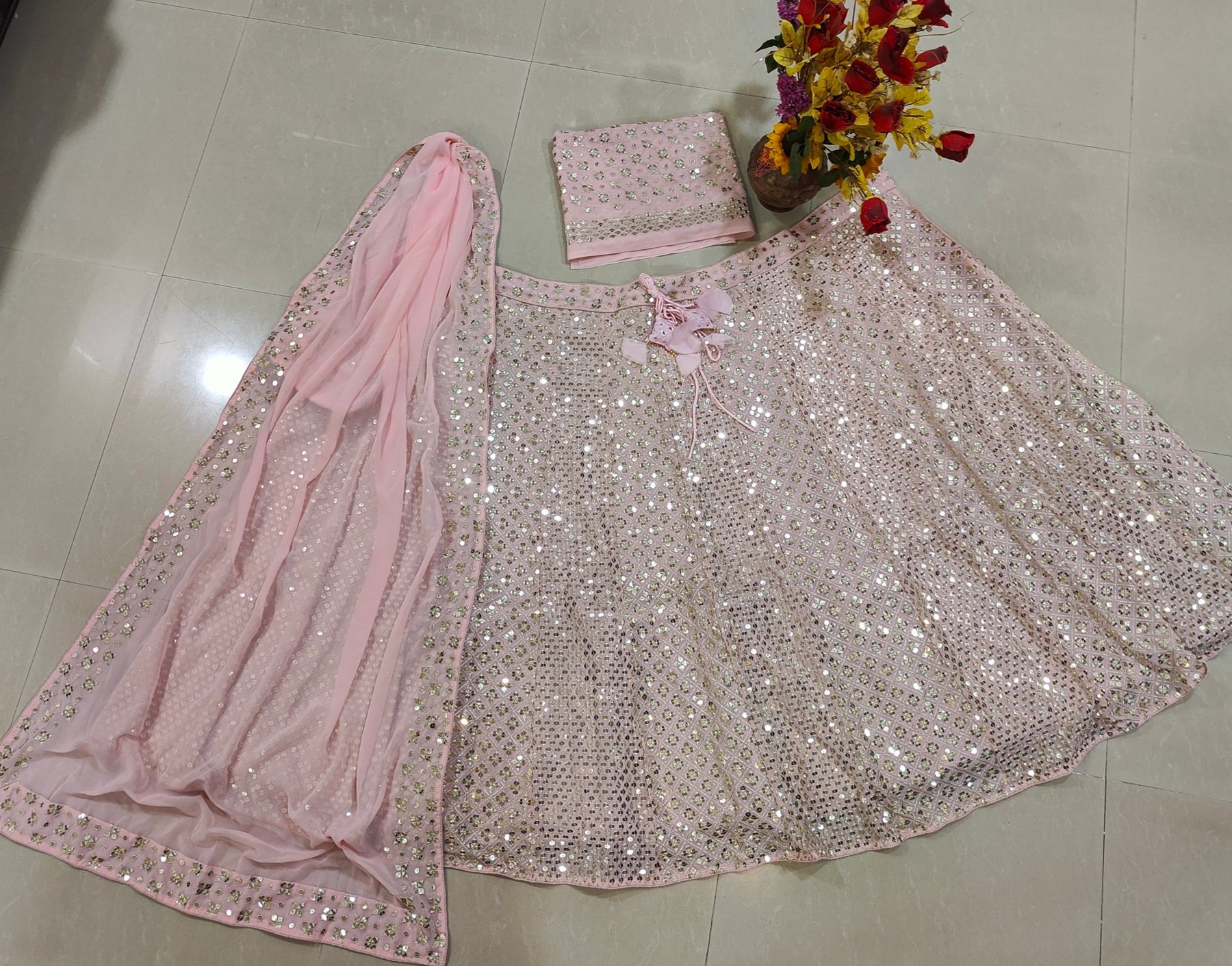 Pink Color Heavy Sequence Work Georgette Lehenga Choli