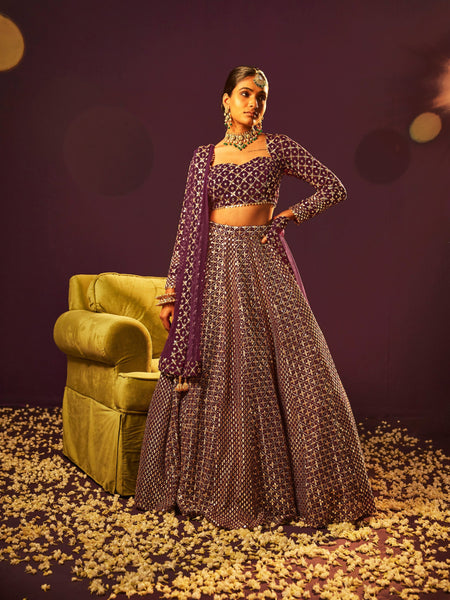 Wine Color Heavy Sequence Work Georgette Lehenga Choli