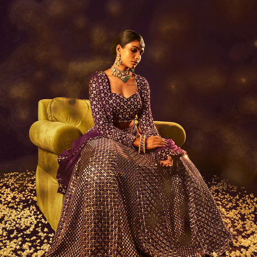 Wine Color Heavy Sequence Work Georgette Lehenga Choli