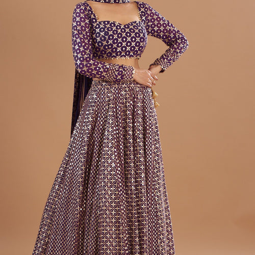 Wine Color Heavy Sequence Work Georgette Lehenga Choli