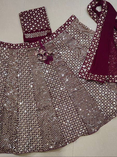 Wine Color Heavy Sequence Work Georgette Lehenga Choli
