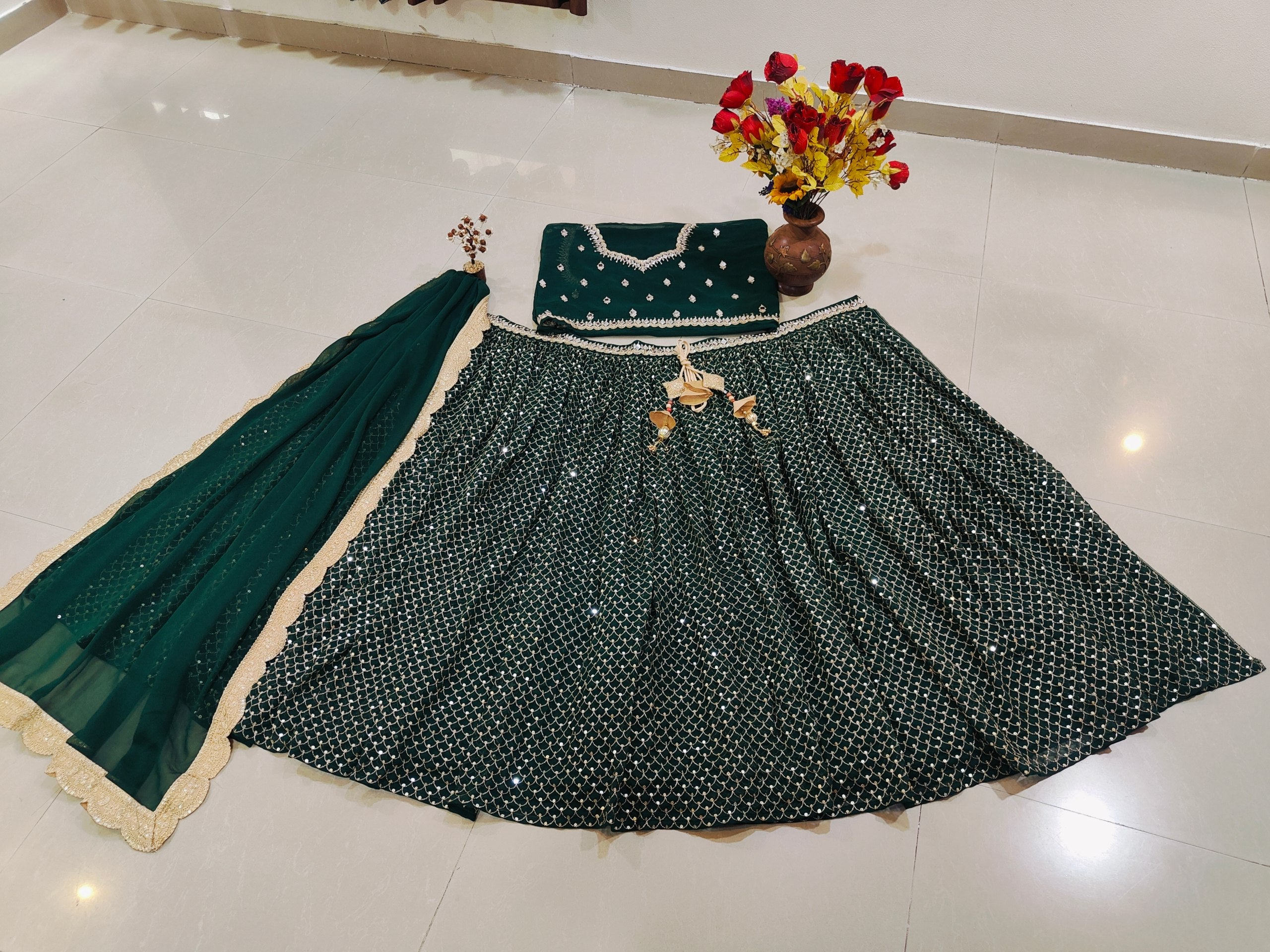 Green Color  Sequins with Zari Embroidery Work Designer Lehenga Choli