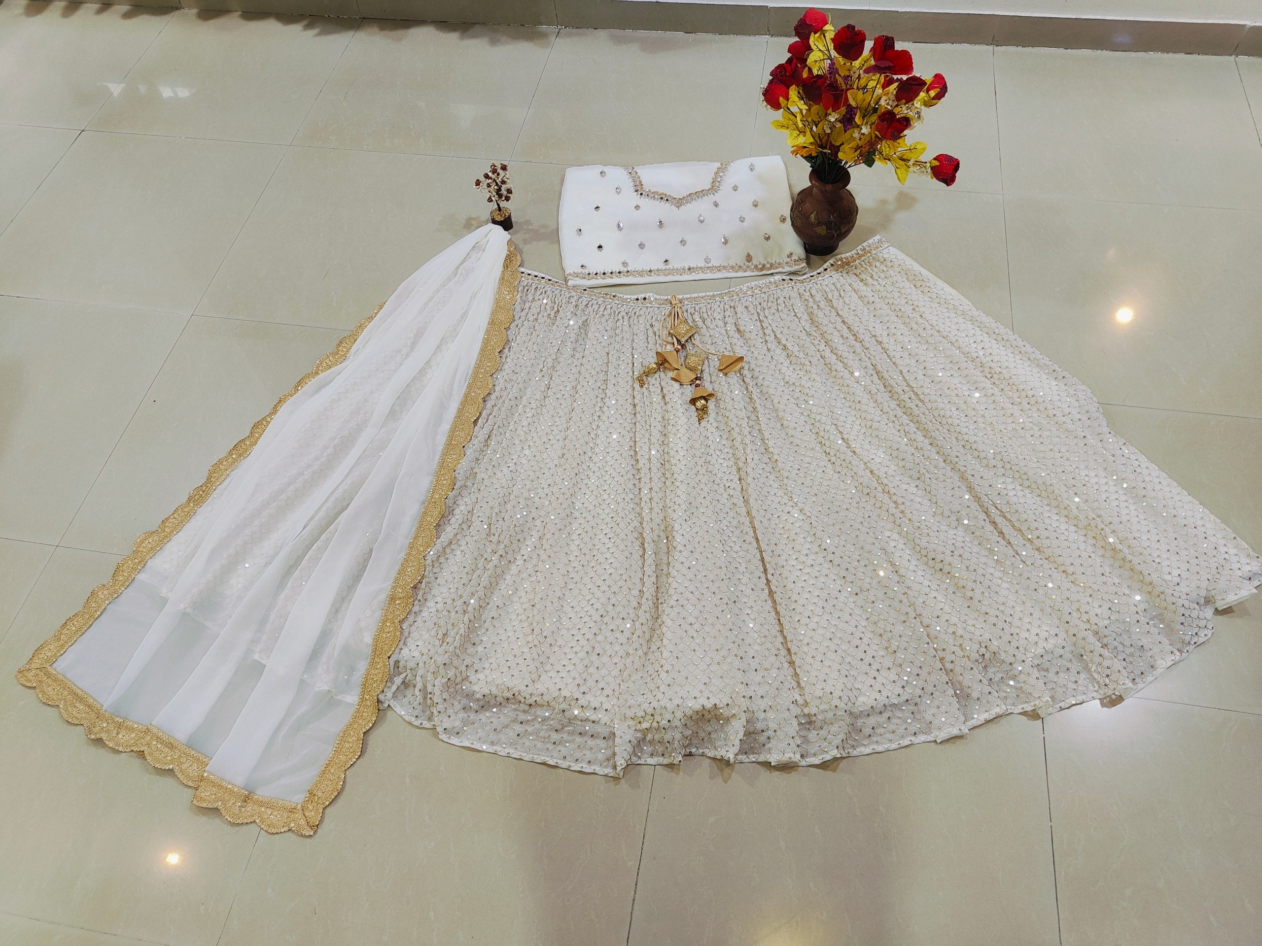 Off White  Color Sequins with Zari Embroidery Work Designer Lehenga Choli