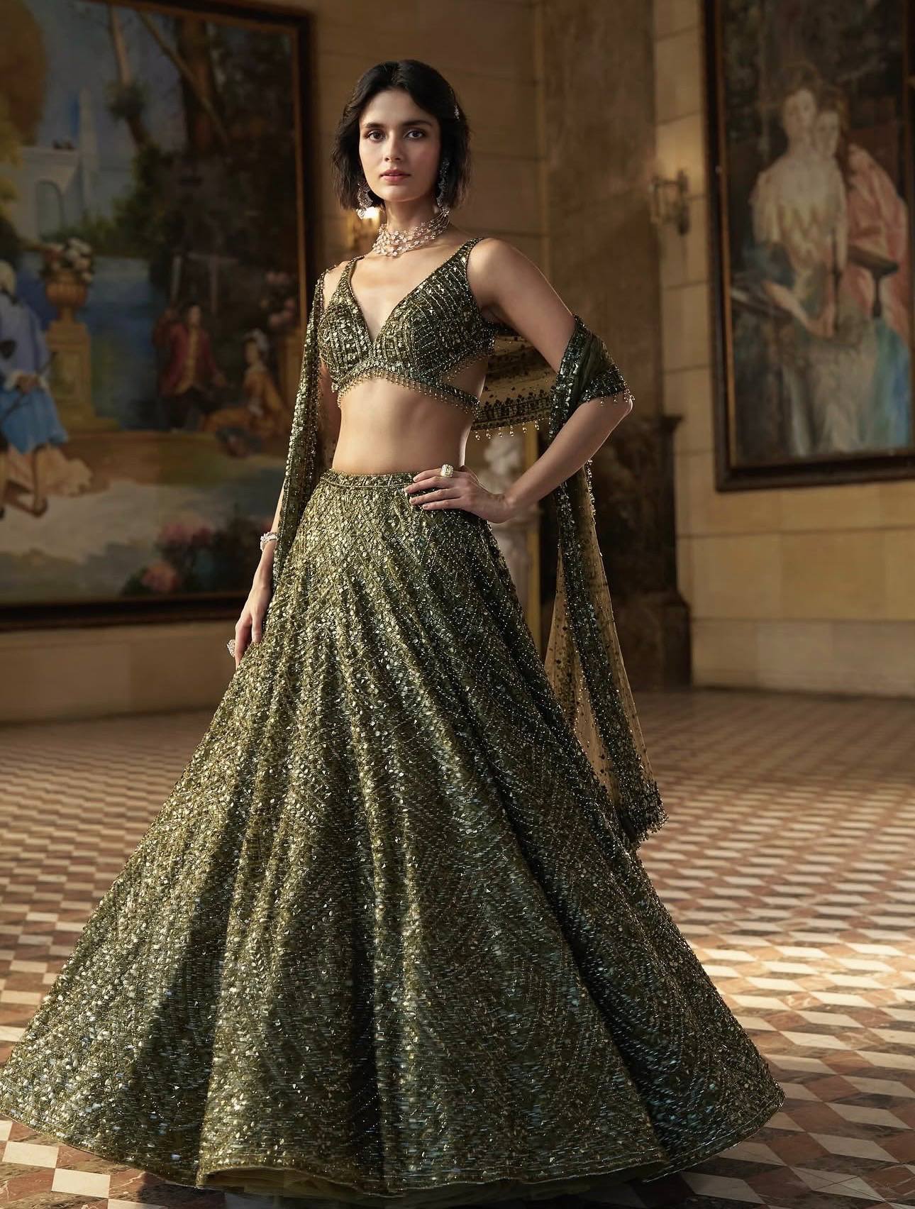 Designer Olive Green Silk Lehenga Choli with Net Dupatta