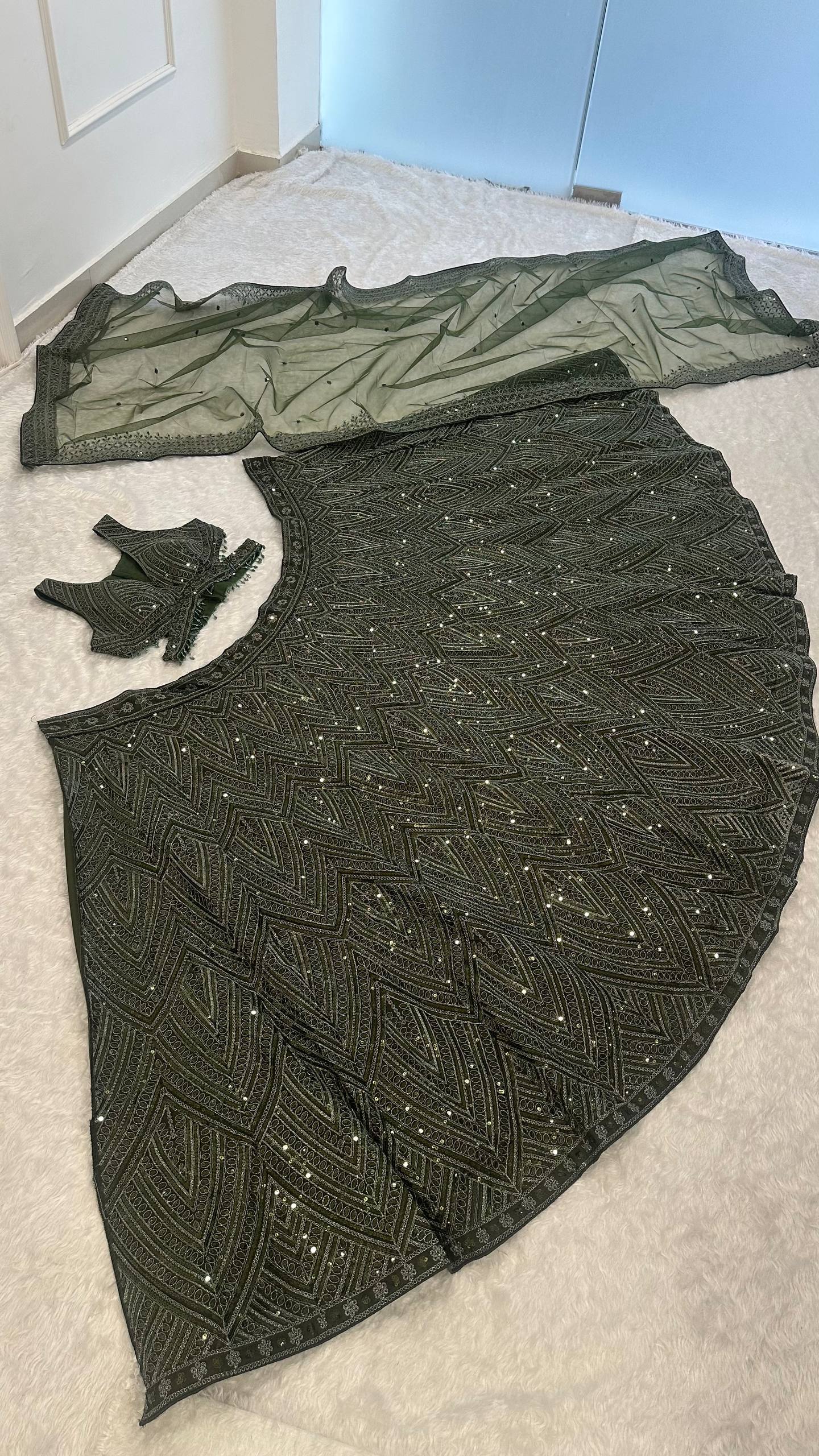 Designer Olive Green Silk Lehenga Choli with Net Dupatta