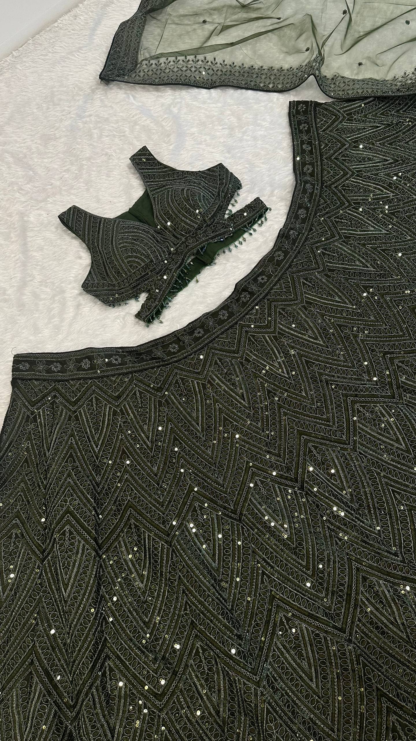 Designer Olive Green Silk Lehenga Choli with Net Dupatta
