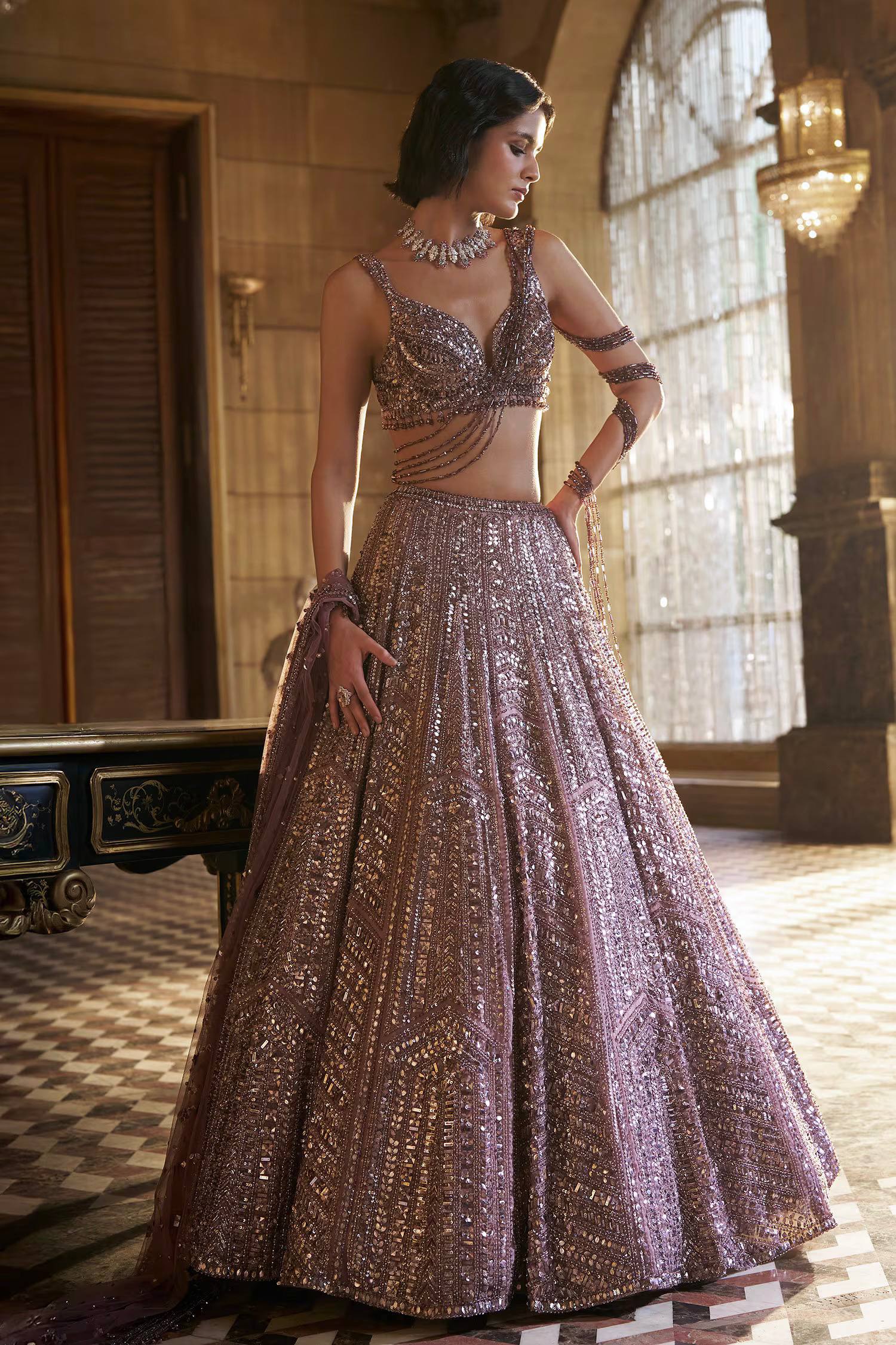 Luxury Rose Gold Embellished Bridal Lehenga Set for Women
