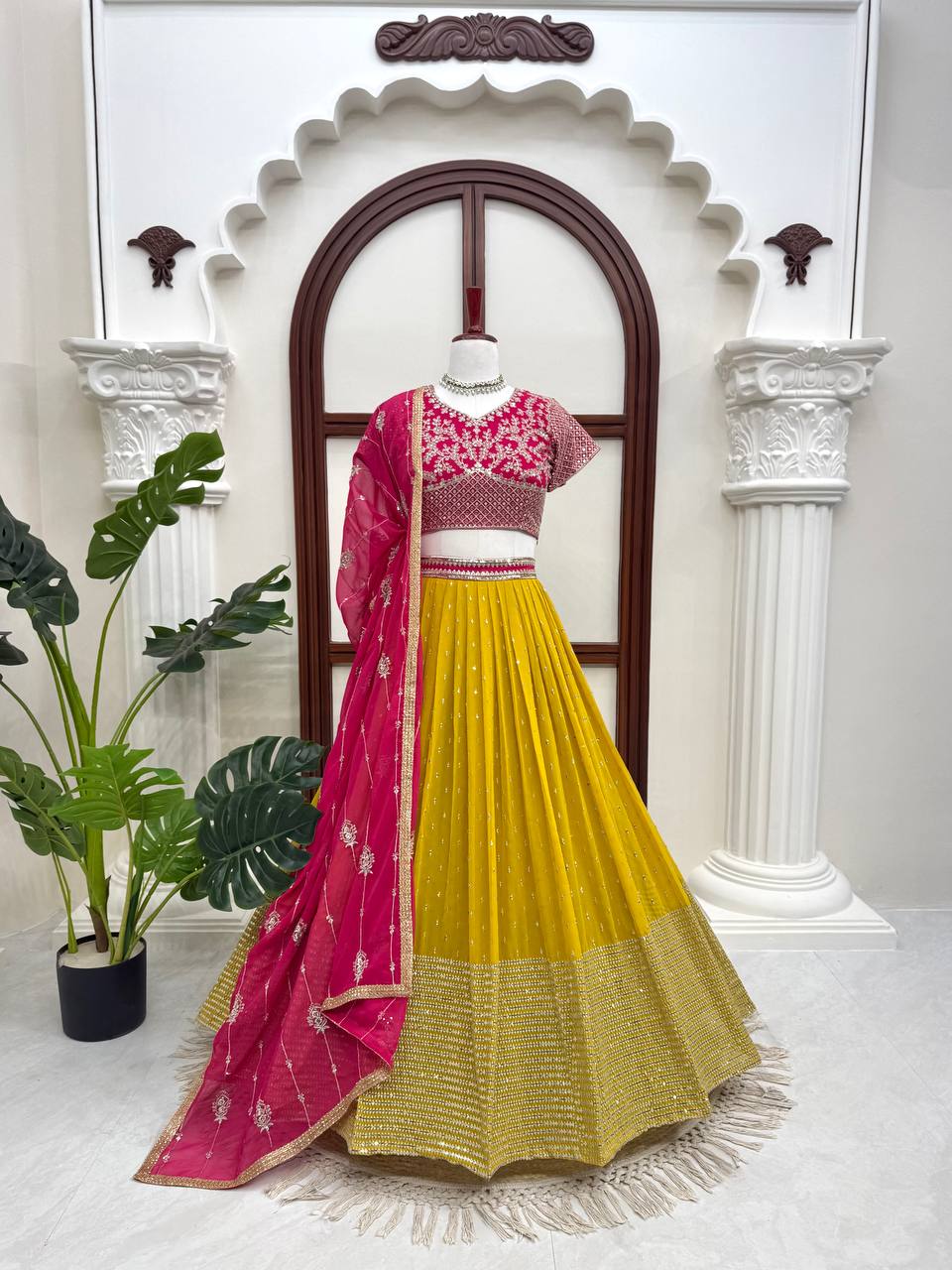 Yellow & Pink Sequin Georgette Lehenga Choli