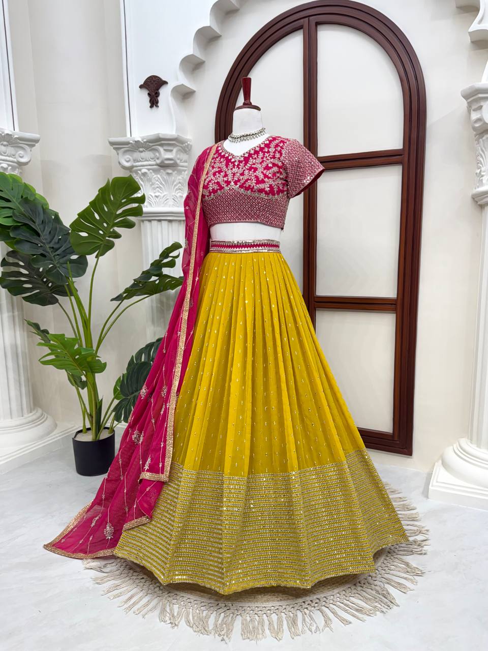 Yellow & Pink Sequin Georgette Lehenga Choli
