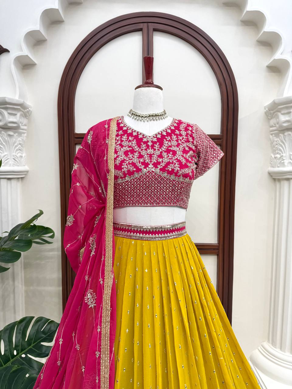 Yellow & Pink Sequin Georgette Lehenga Choli