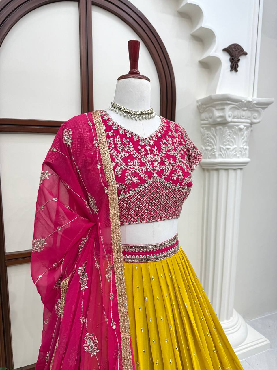 Yellow & Pink Sequin Georgette Lehenga Choli