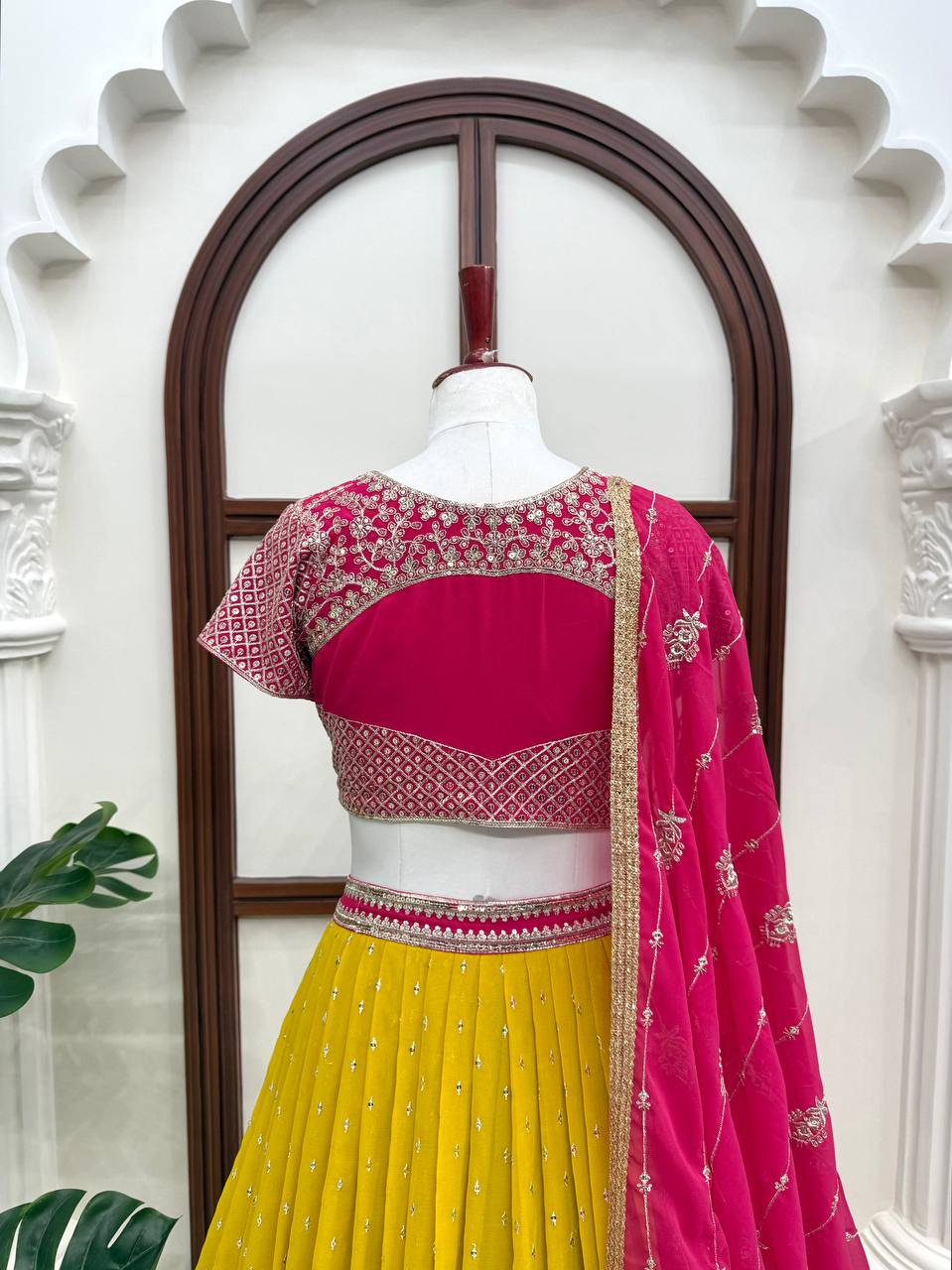 Yellow & Pink Sequin Georgette Lehenga Choli