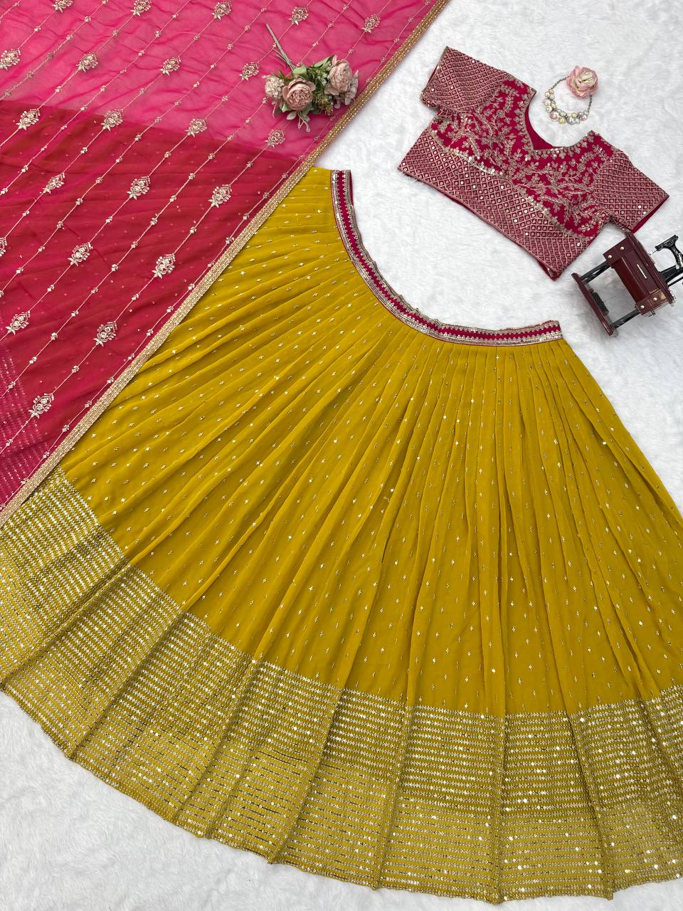 Yellow & Pink Sequin Georgette Lehenga Choli