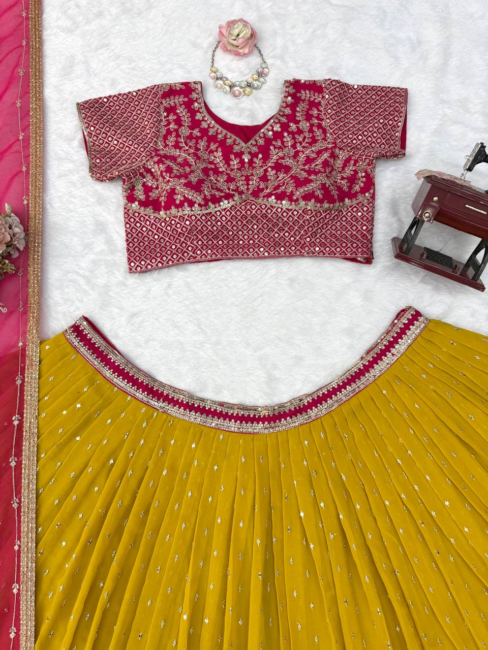 Yellow & Pink Sequin Georgette Lehenga Choli