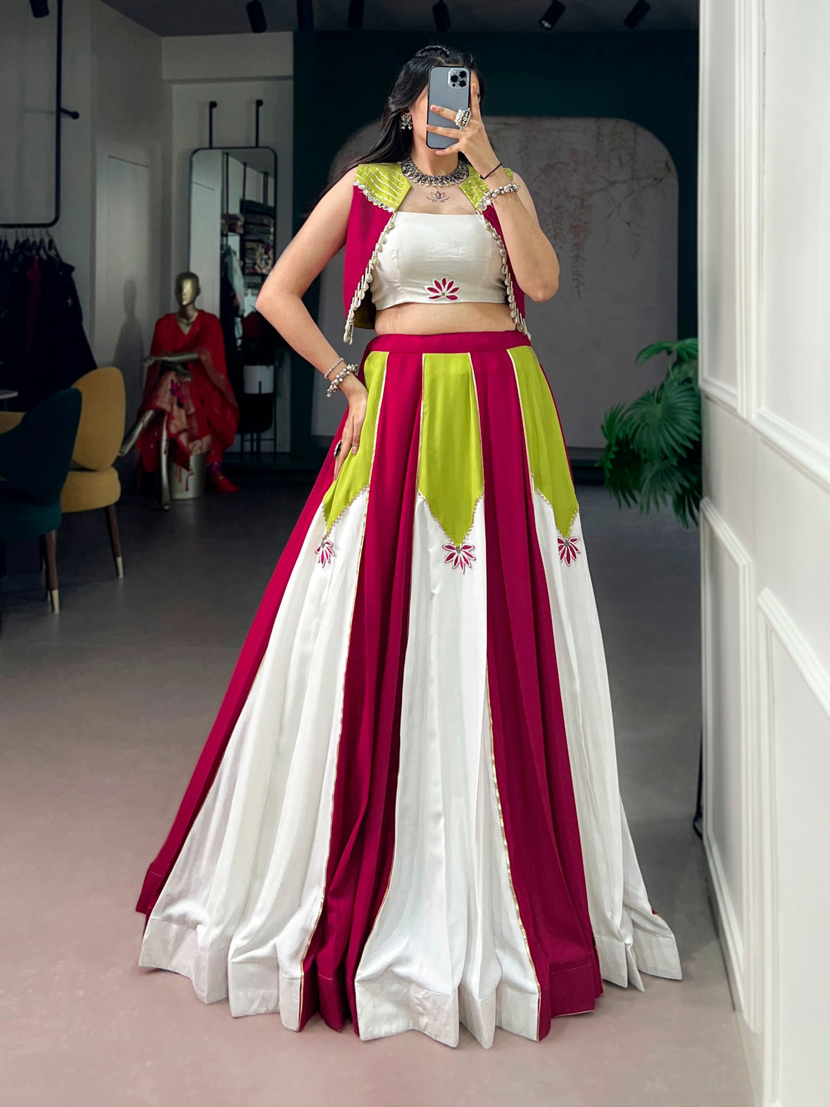 Multi Rayon Contrast Panel Navratri Lehenga Choli