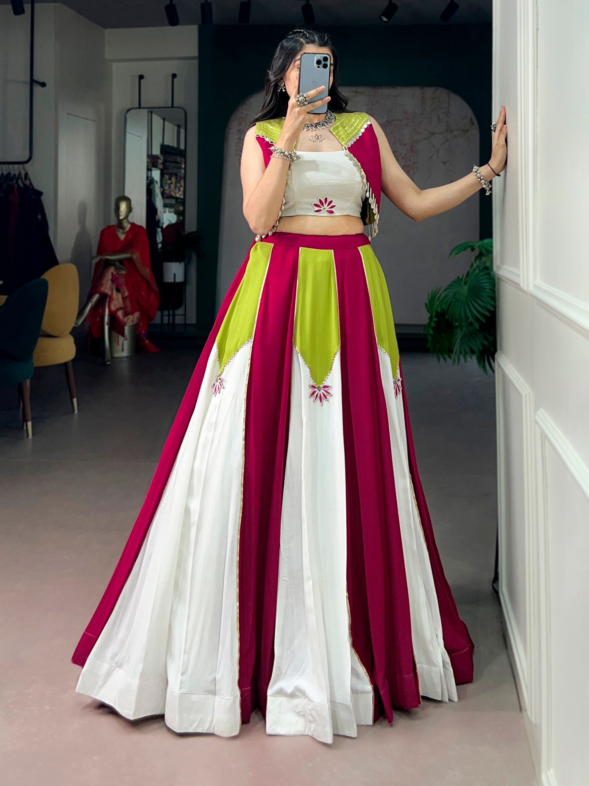 Mulati Color Pure Rayon Contrast Panel Design Navratri Lehenga Choli