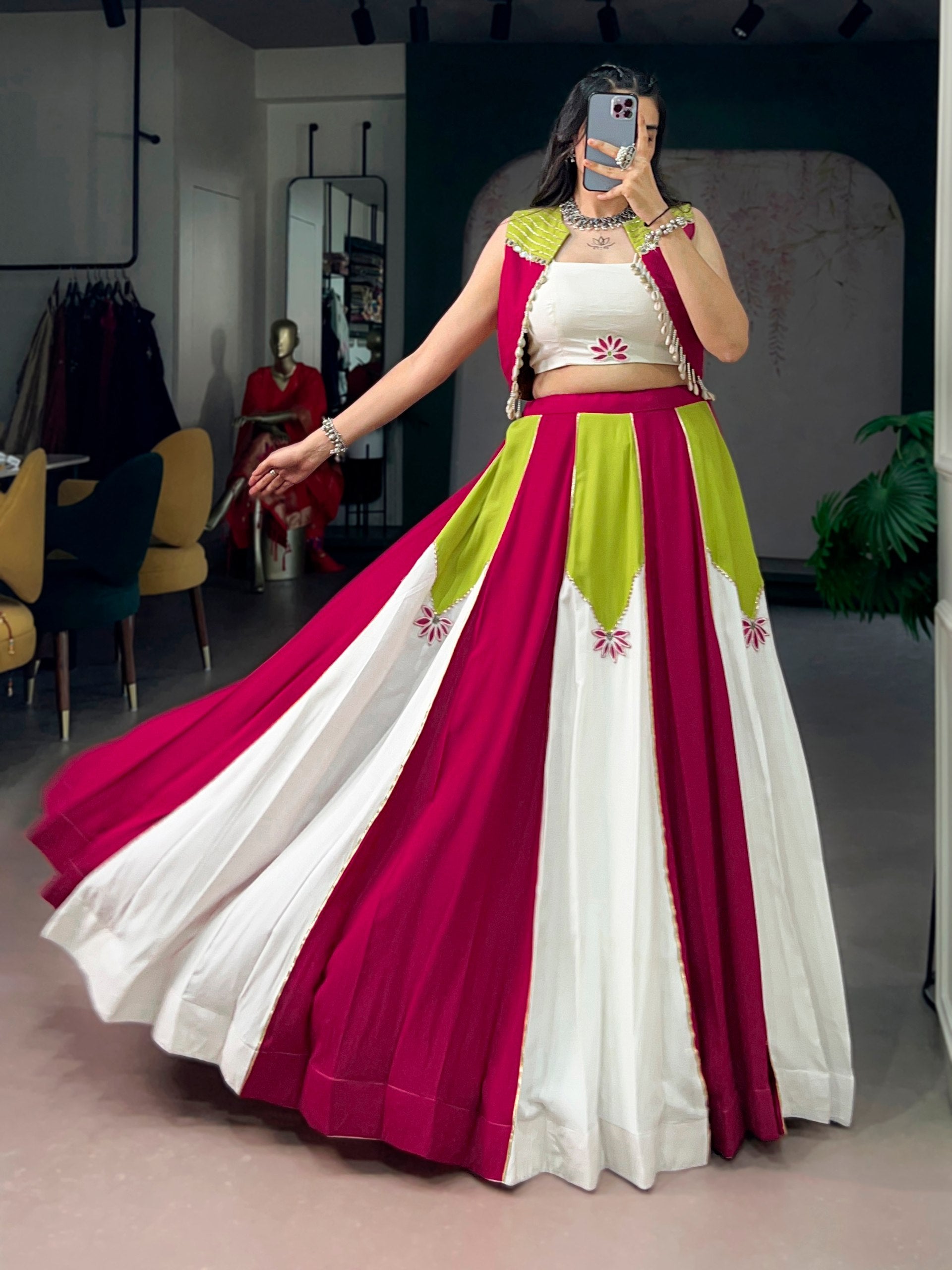 Mulati Color Pure Rayon Contrast Panel Design Navratri Lehenga Choli