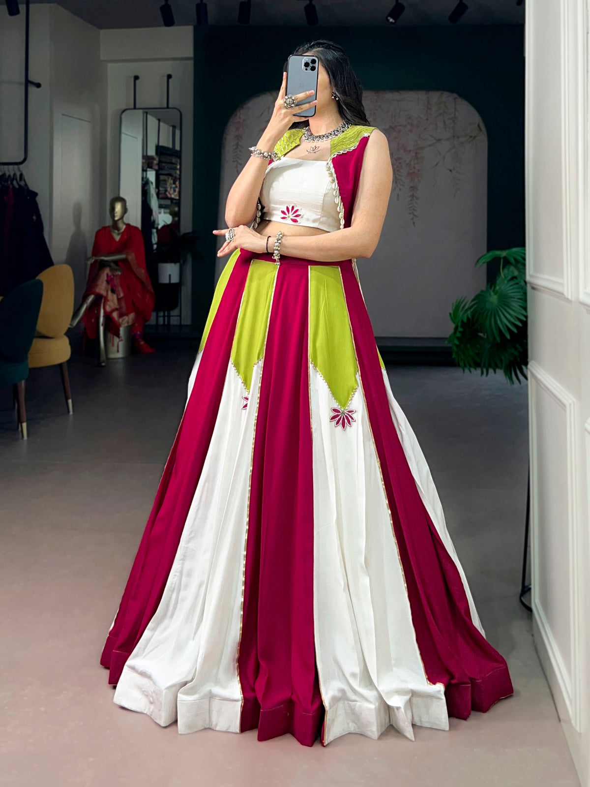 Multi Rayon Contrast Panel Navratri Lehenga Choli