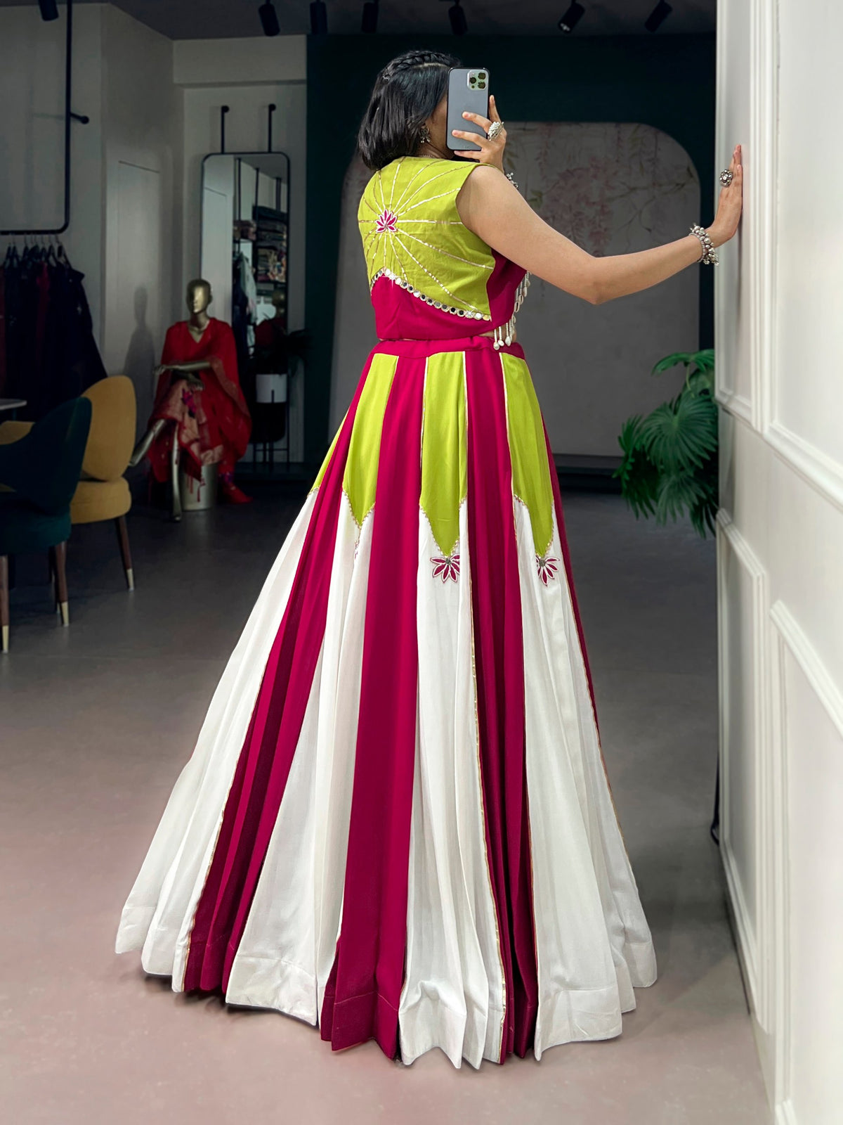 Multi Rayon Contrast Panel Navratri Lehenga Choli