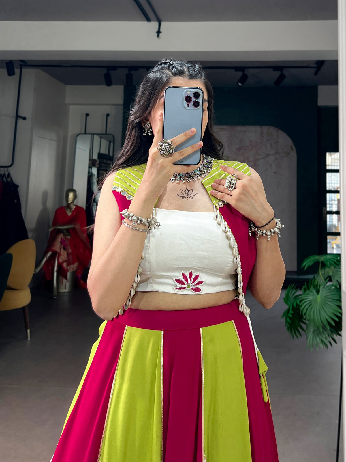 Multi Rayon Contrast Panel Navratri Lehenga Choli