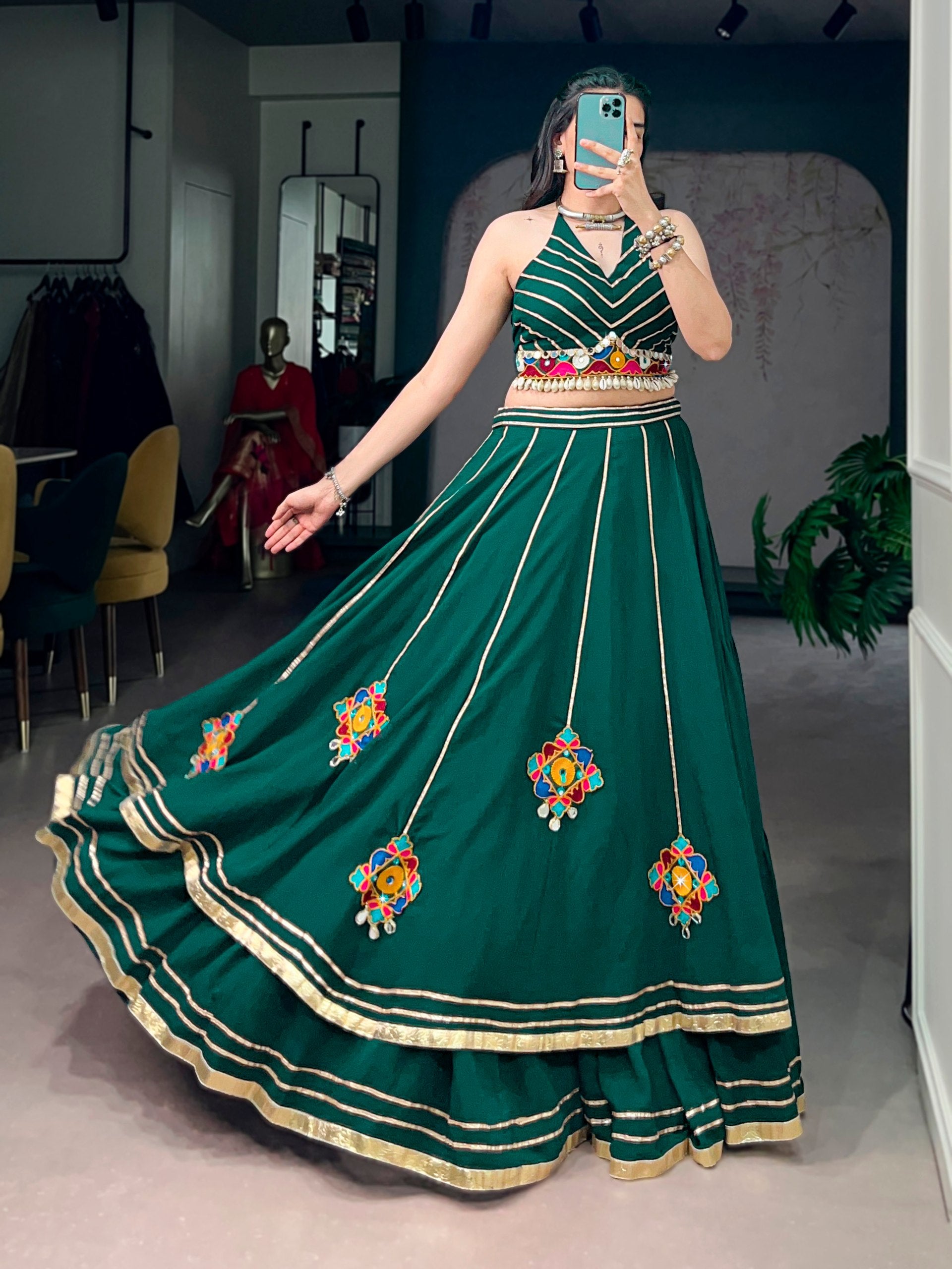 Green Color Lightweight Gamthi Work Navratri Lehenga Choli